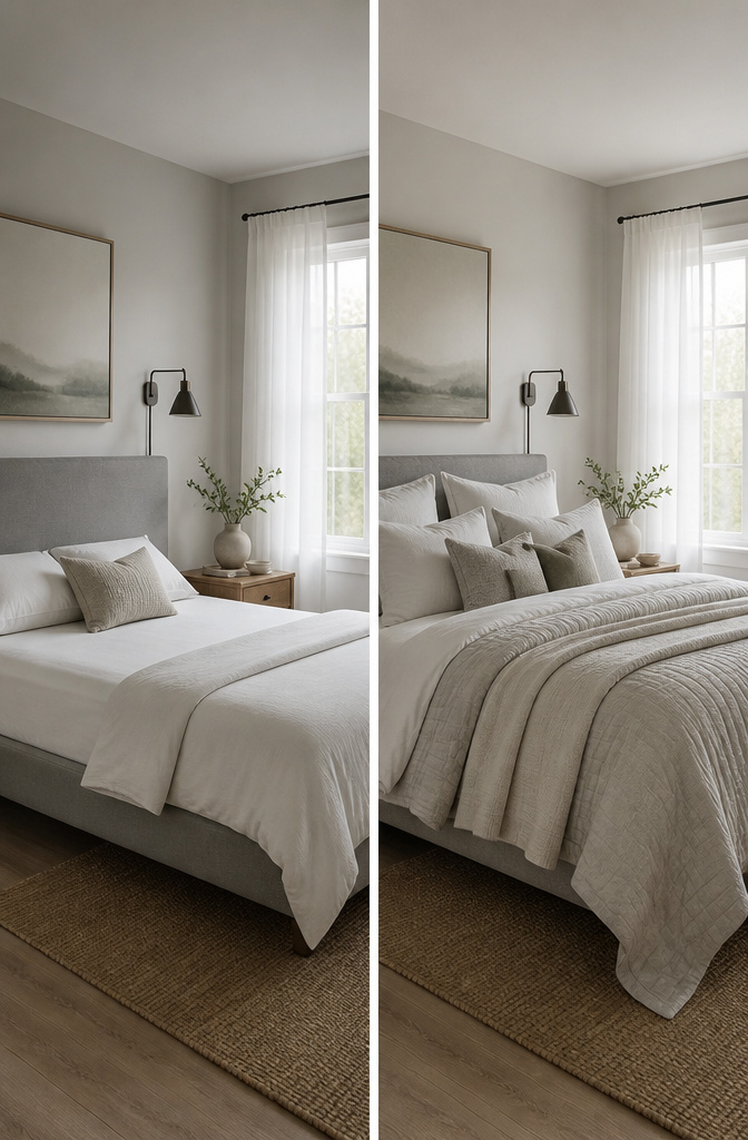 A minimalist and maximalist bed layering style comparison.