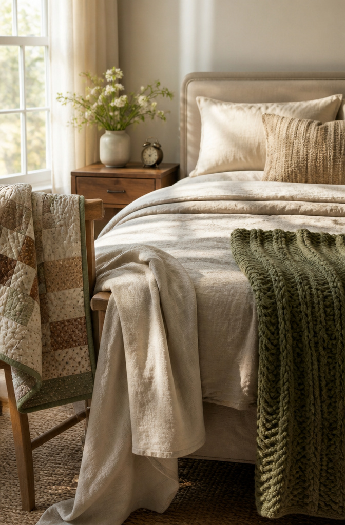 A bed with various textured linens and a knit throw at the foot.