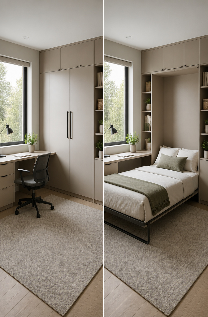 A Murphy bed folded up inside built-in cabinets.
