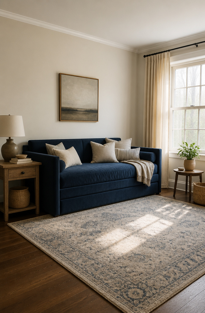A sleeper sofa in a guest bedroom designed for comfort.