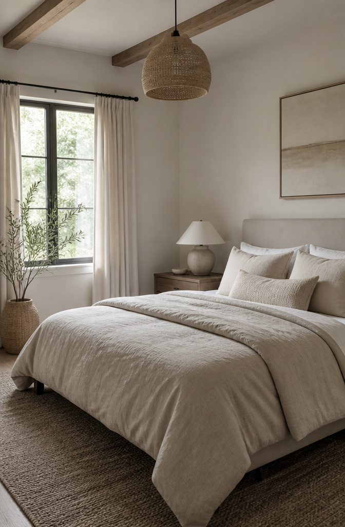 A guest bedroom featuring a monochromatic color scheme.