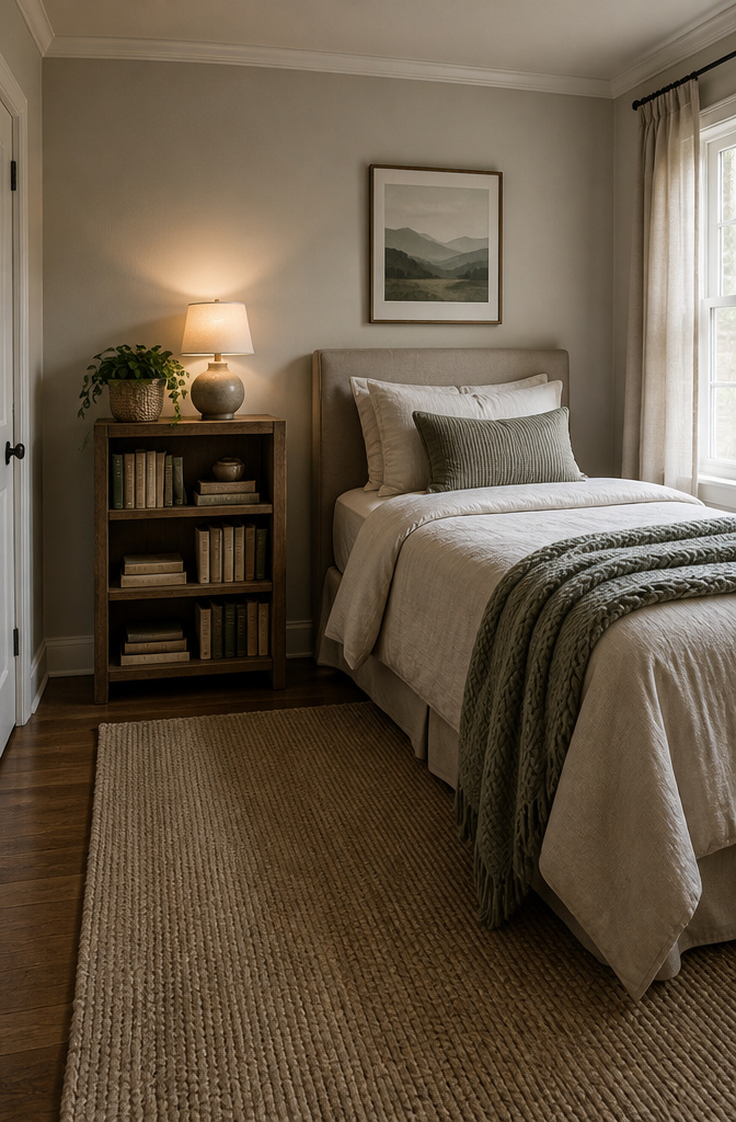 A bookcase in a guest bedroom holding books and a lamp.
