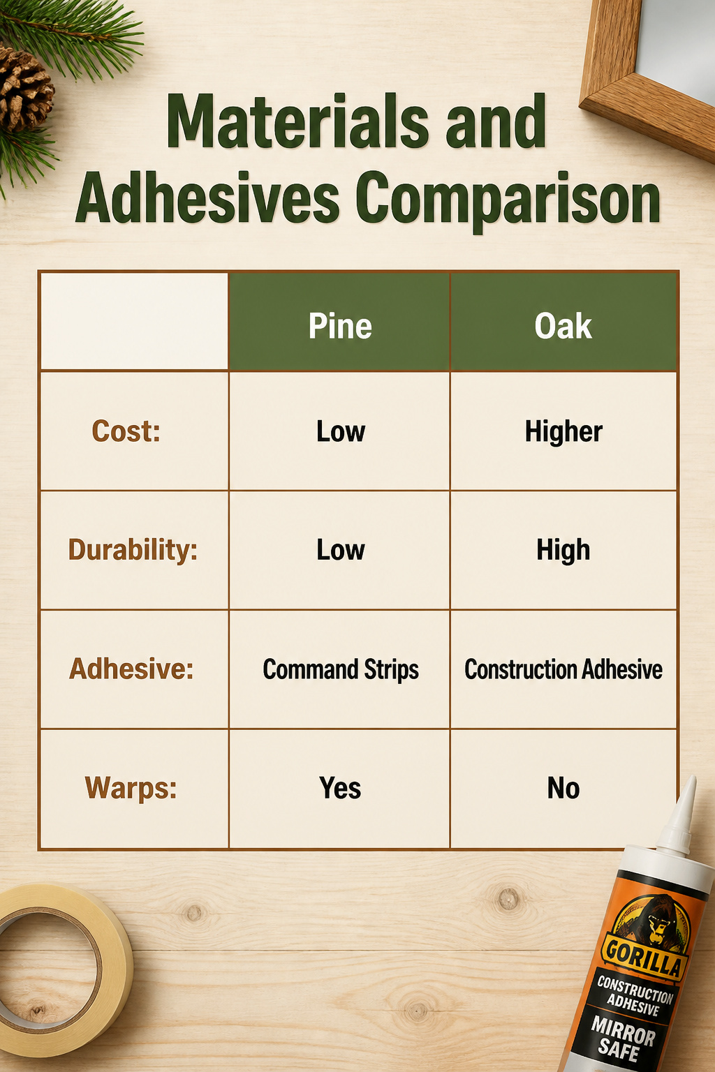 Materials and adhesives comparison chart for mirror framing.