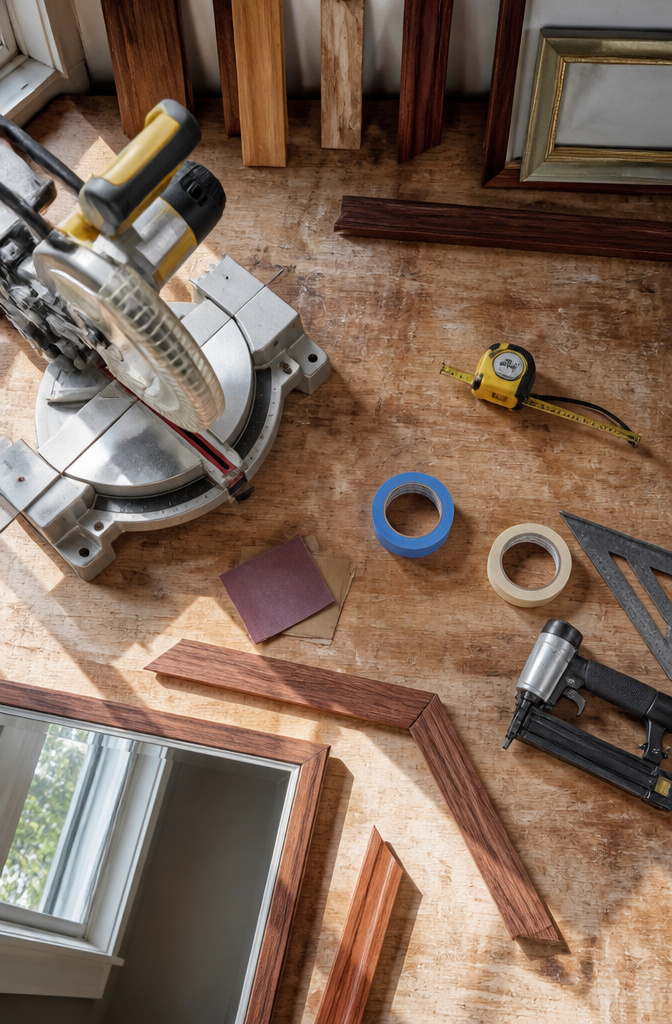 Tools including a measuring tape and miter saw on a table.