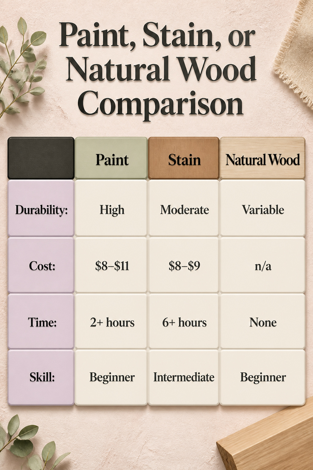 Comparison of paint, stain, and natural wood finishes.