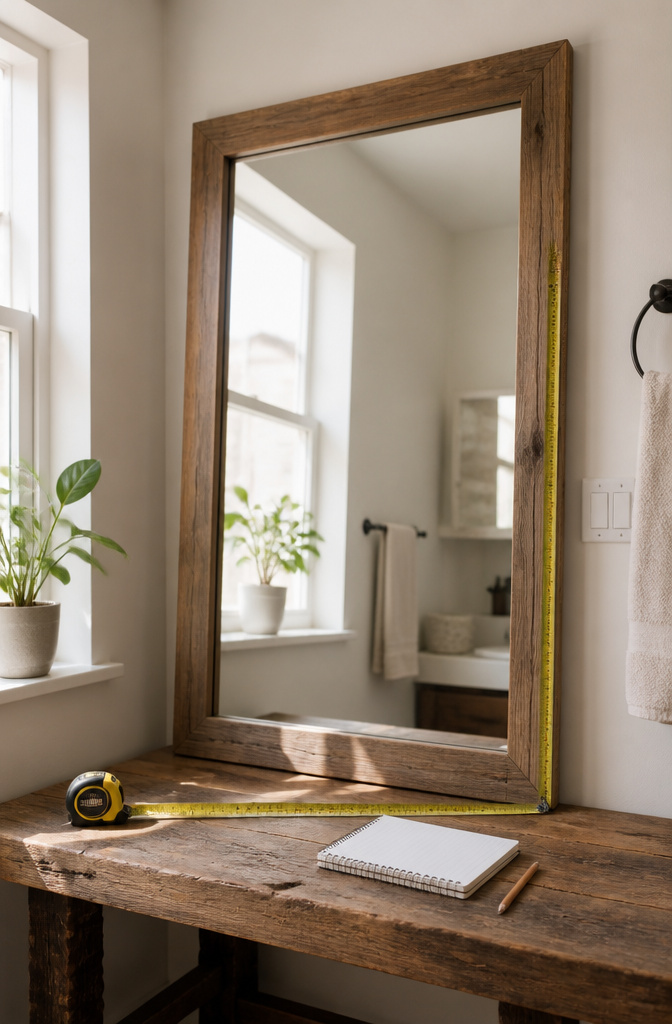 A tape measure next to a reflective bathroom mirror.