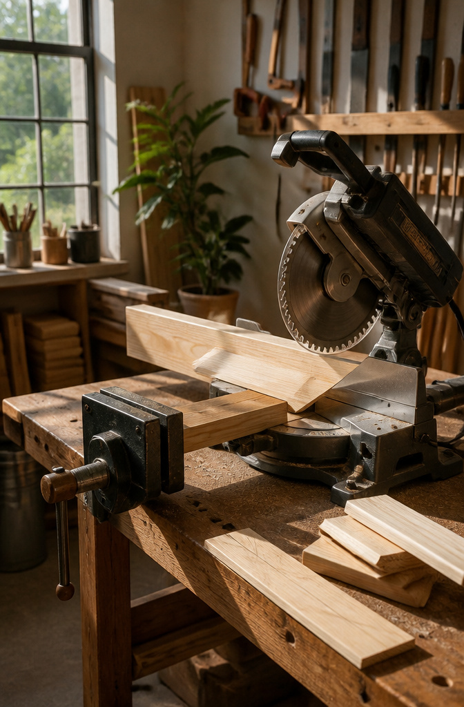 A miter saw positioned at 45 degrees on a workbench.
