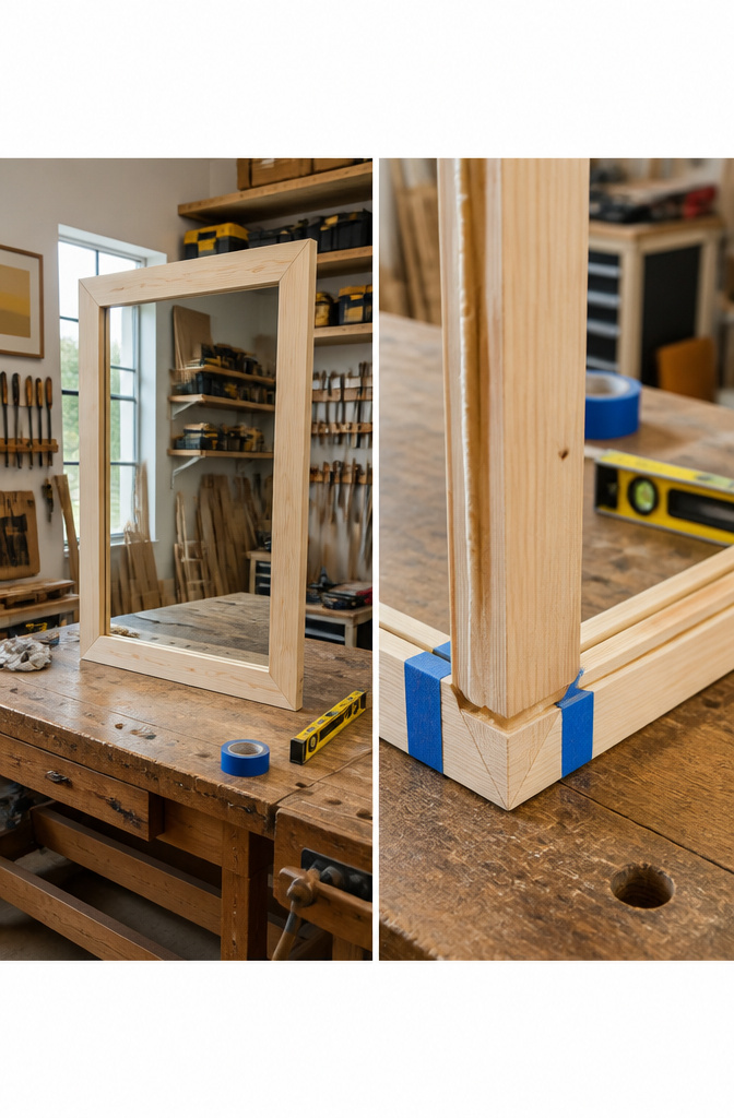 A frame being assembled with adhesive and painter's tape.