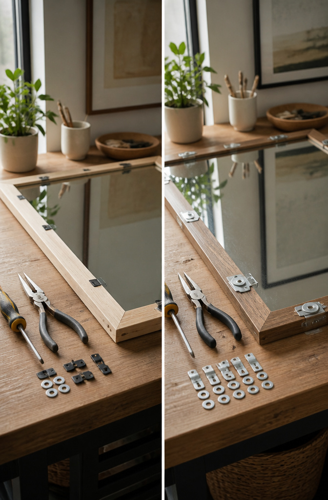 Mirror clips and a notched frame on a workbench.