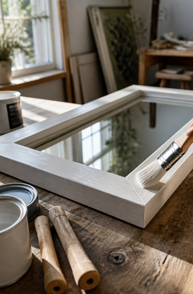Paint and stain options displayed next to a wooden frame.