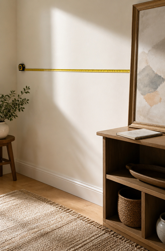 A measuring tape beside a painting frame on a shelf.