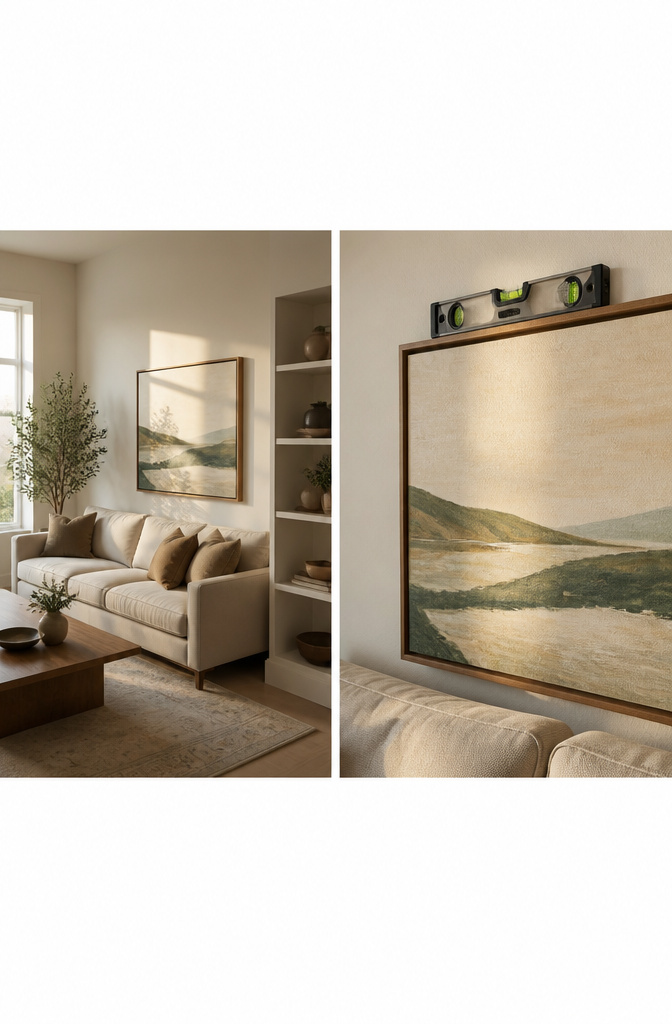 A level placed on top of a painting frame against a wall.