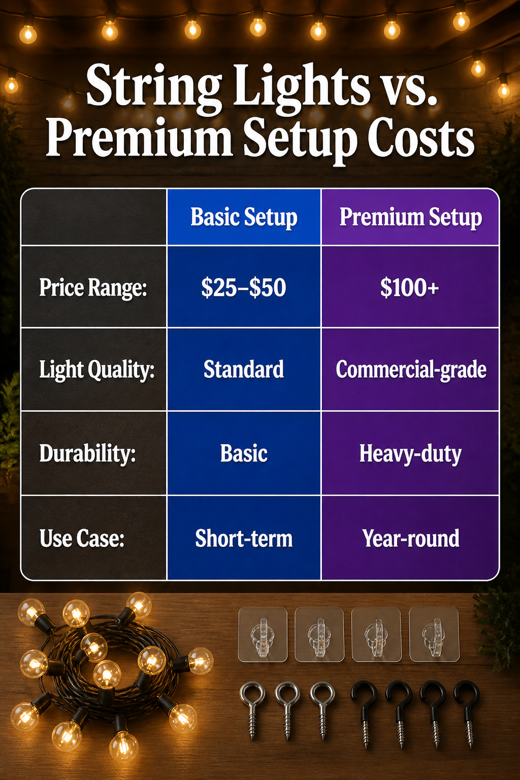 A comparison of string light setups and their costs.