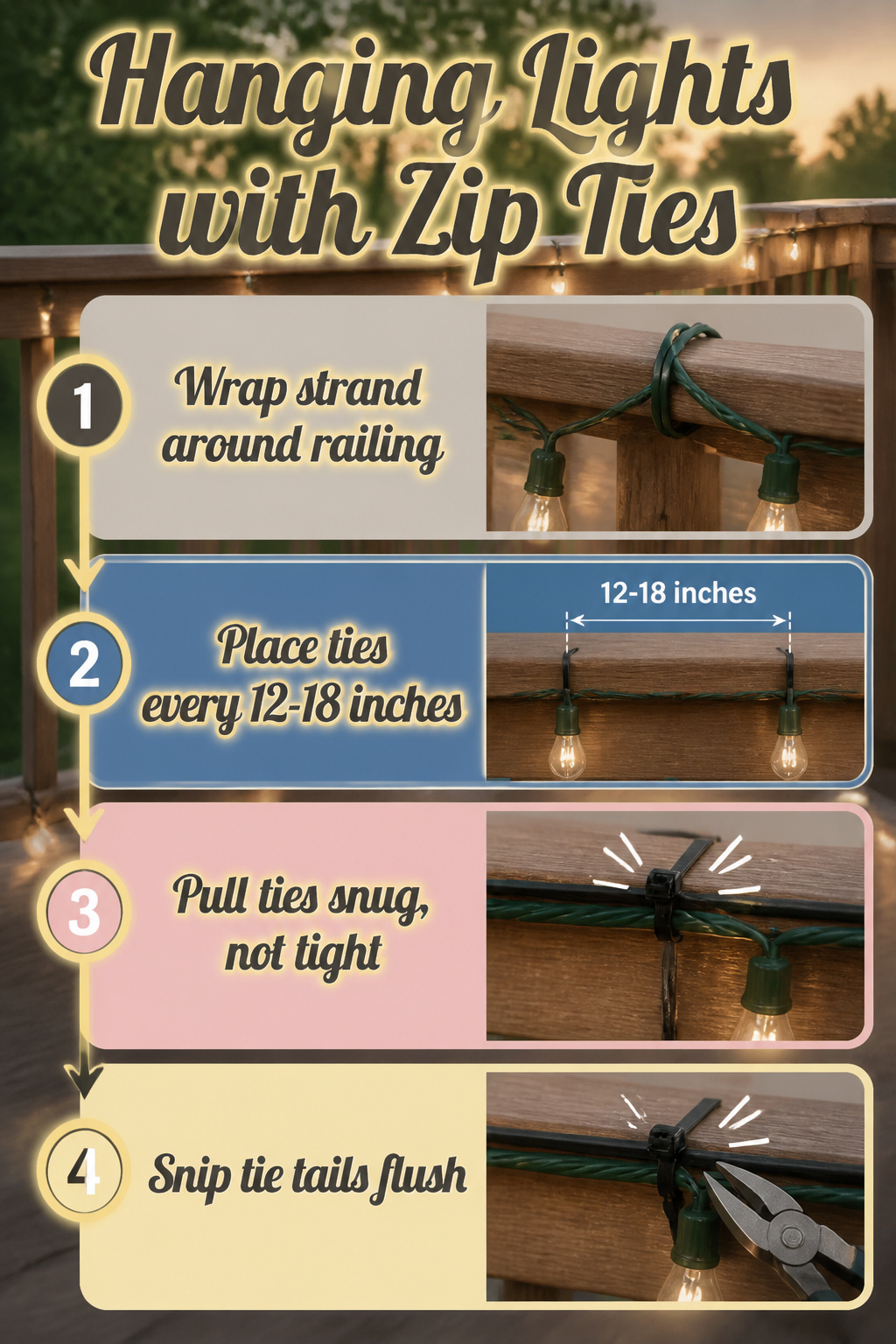 A photo illustrating zip ties used to hang string lights.