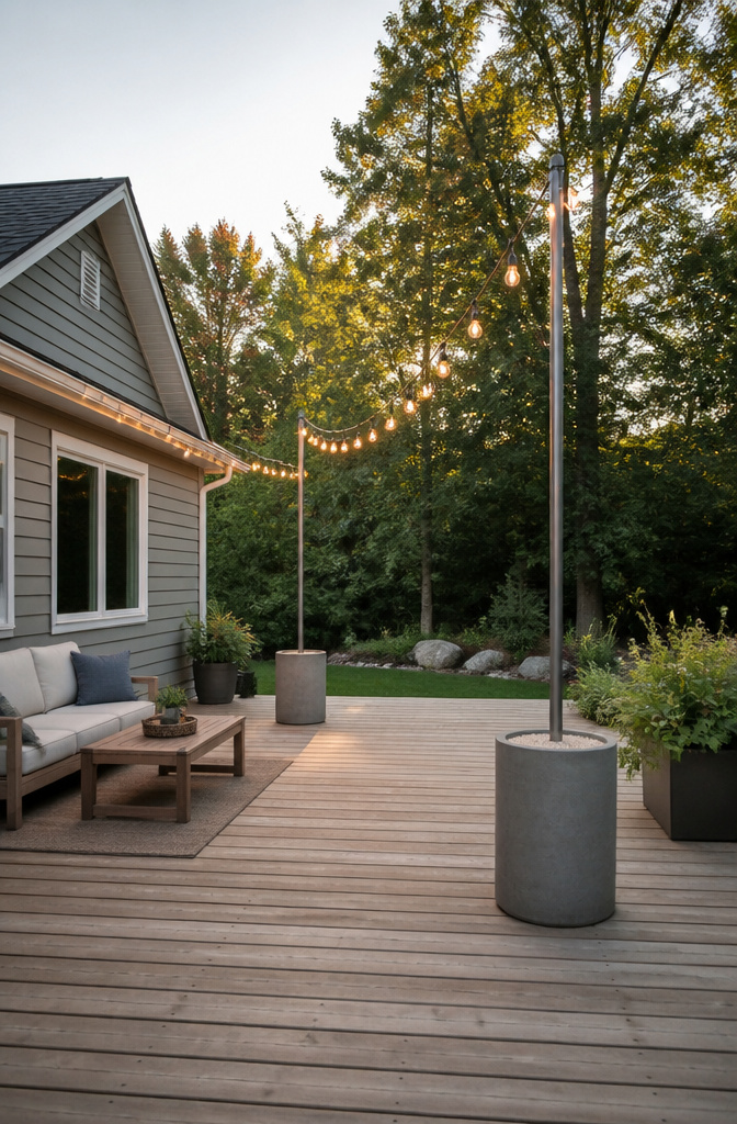 A planter with a pole set in sand for string light support.