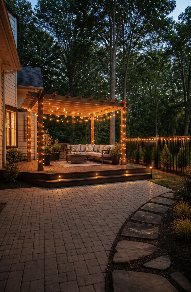 String lights wrapped around a pergola for outdoor lighting.