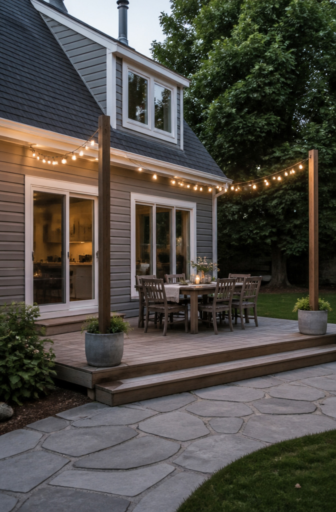 A freestanding post used for hanging string lights on a deck.