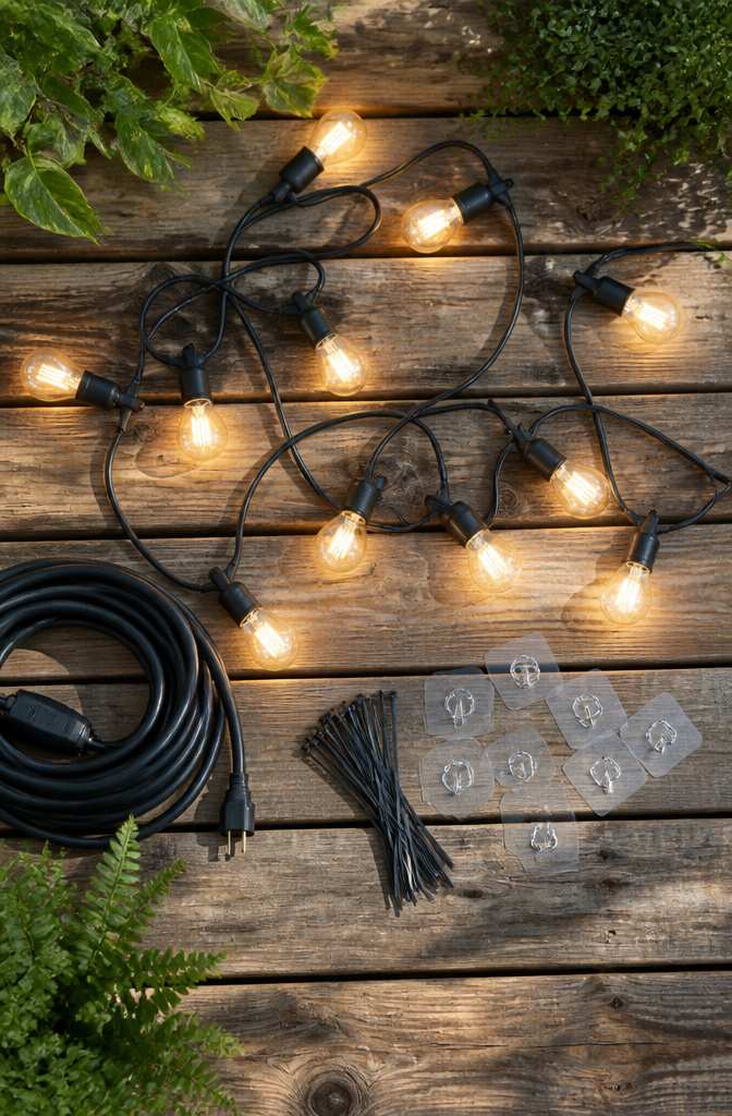 A close-up of outdoor-rated string lights with IP65 rating.