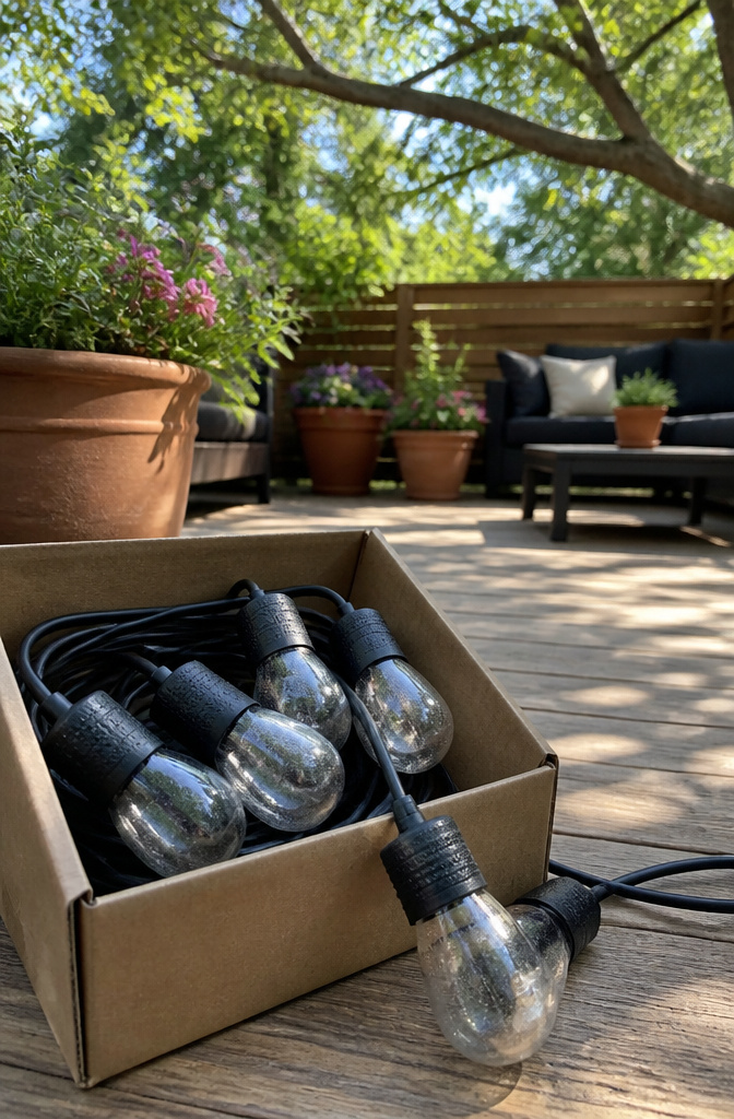 Outdoor-rated LED string lights displayed on a deck.