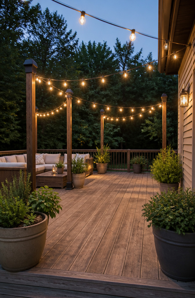 String lights arranged in a zig-zag pattern across a deck.