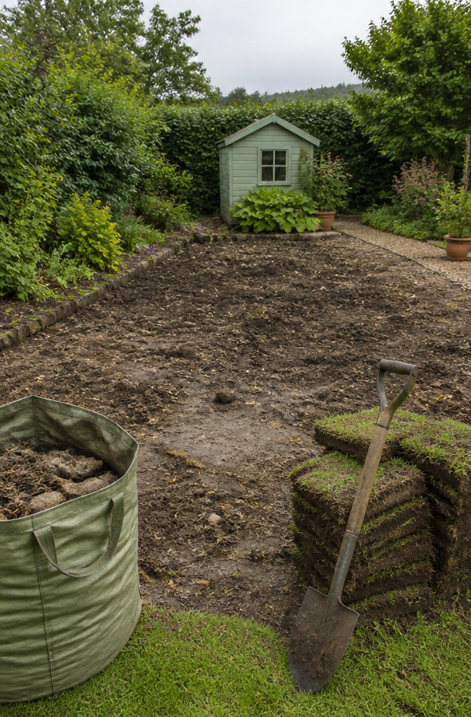 A cleared garden bed with exposed soil and remnants of last year's plants.