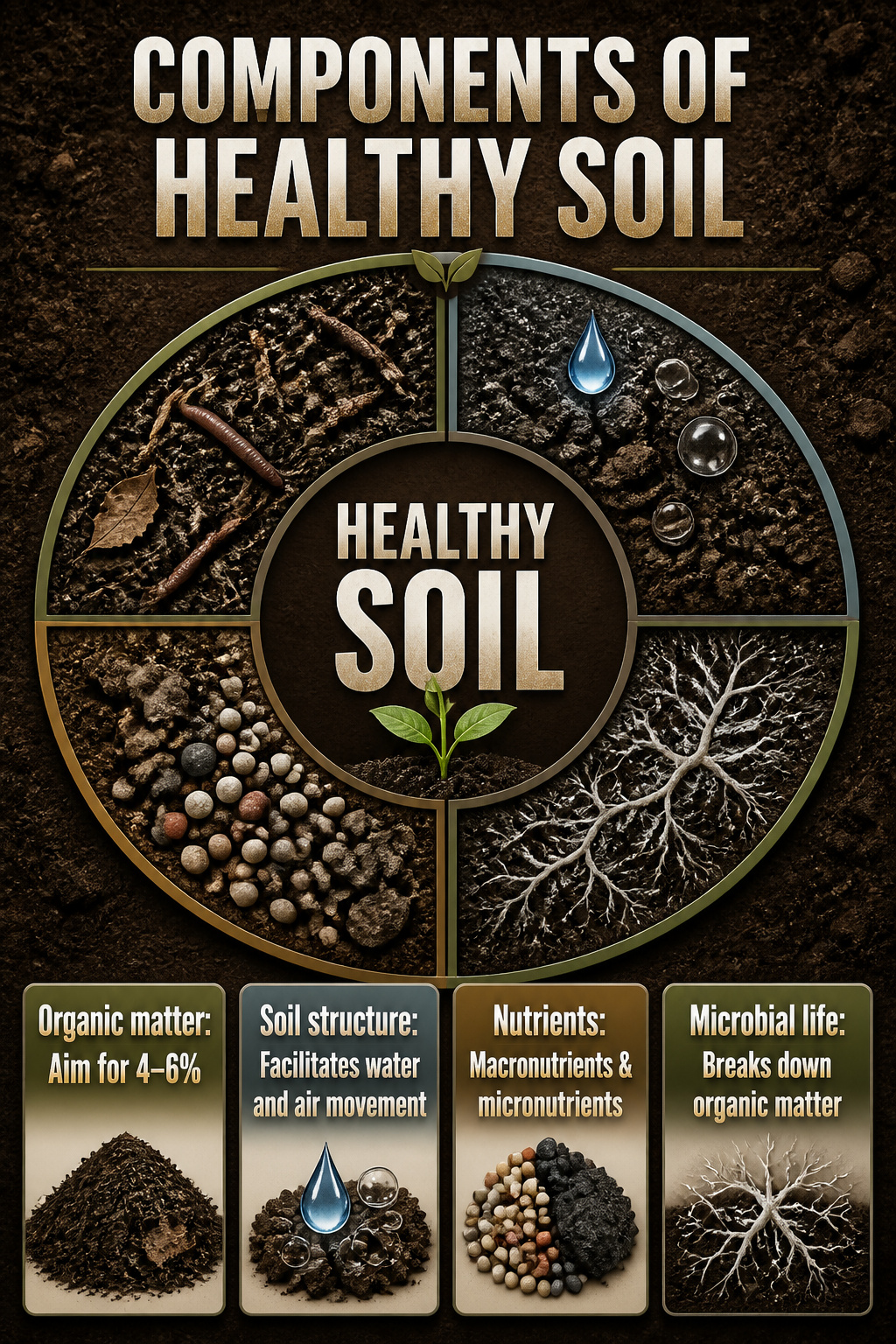 An infographic detailing the components of healthy soil.