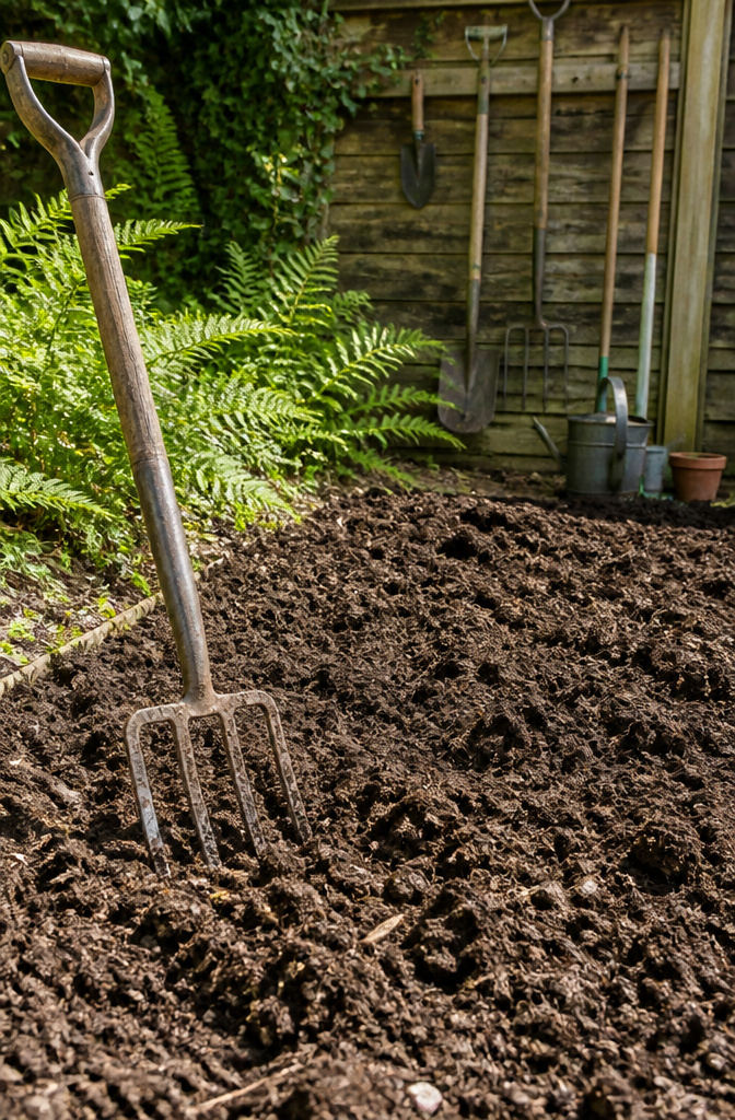 A garden bed with loose, crumbled soil and a pitchfork leaning nearby.