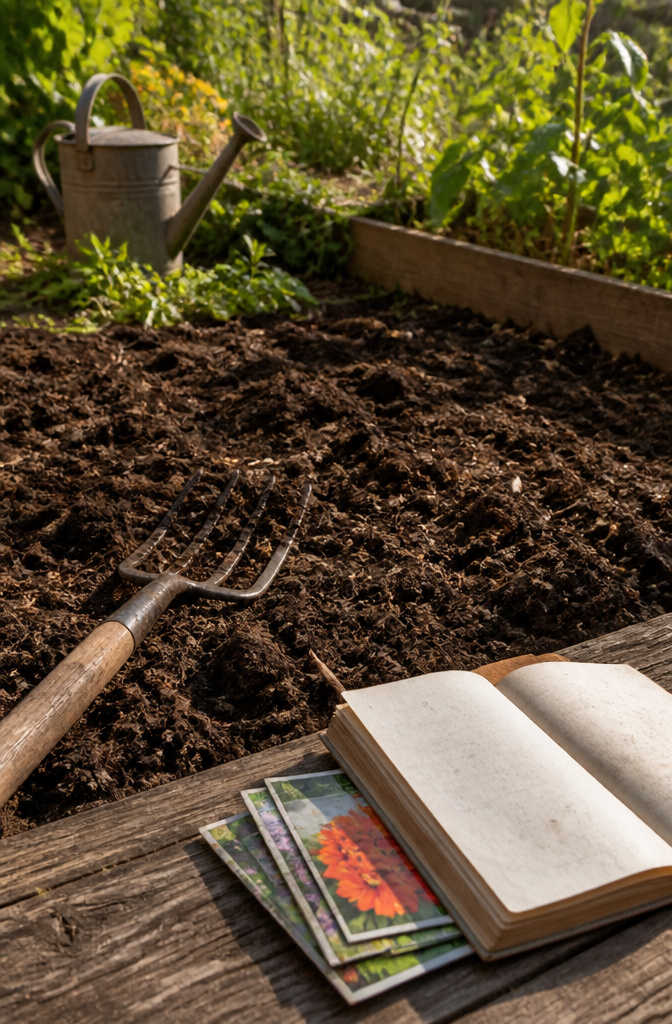 A garden space with mixed organic matter and gardening tools.
