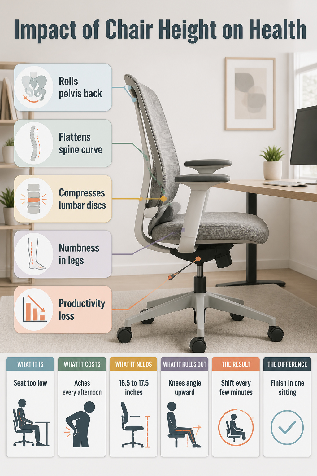 Graphic showing the effects of chair height on body posture and health.
