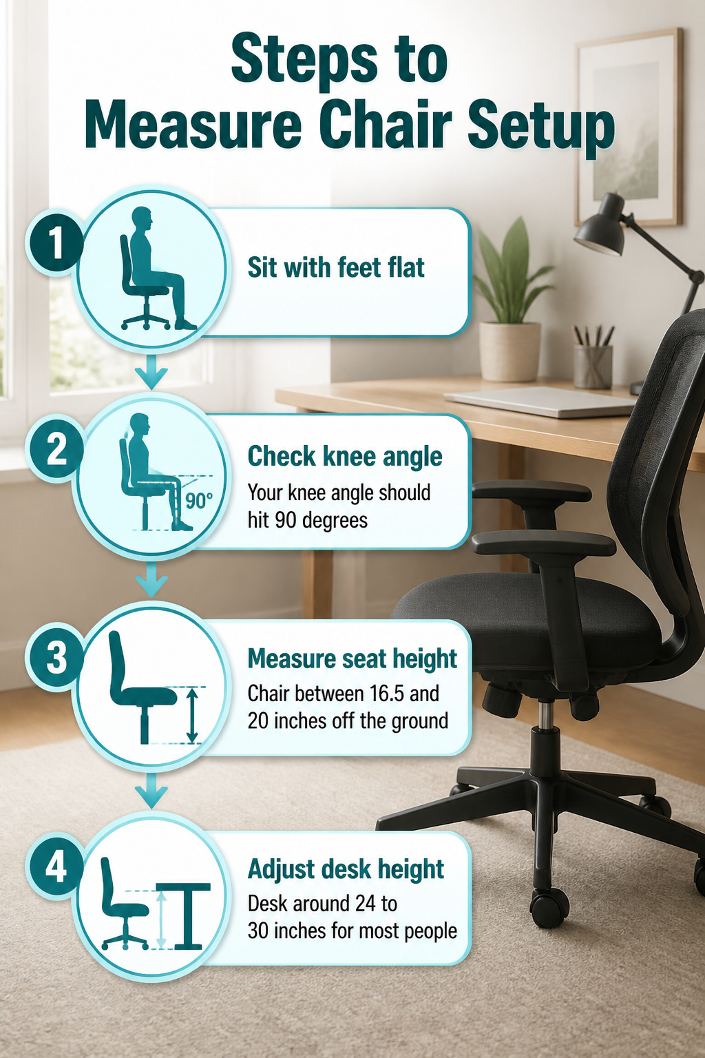 Illustration detailing how to measure chair height and desk height.