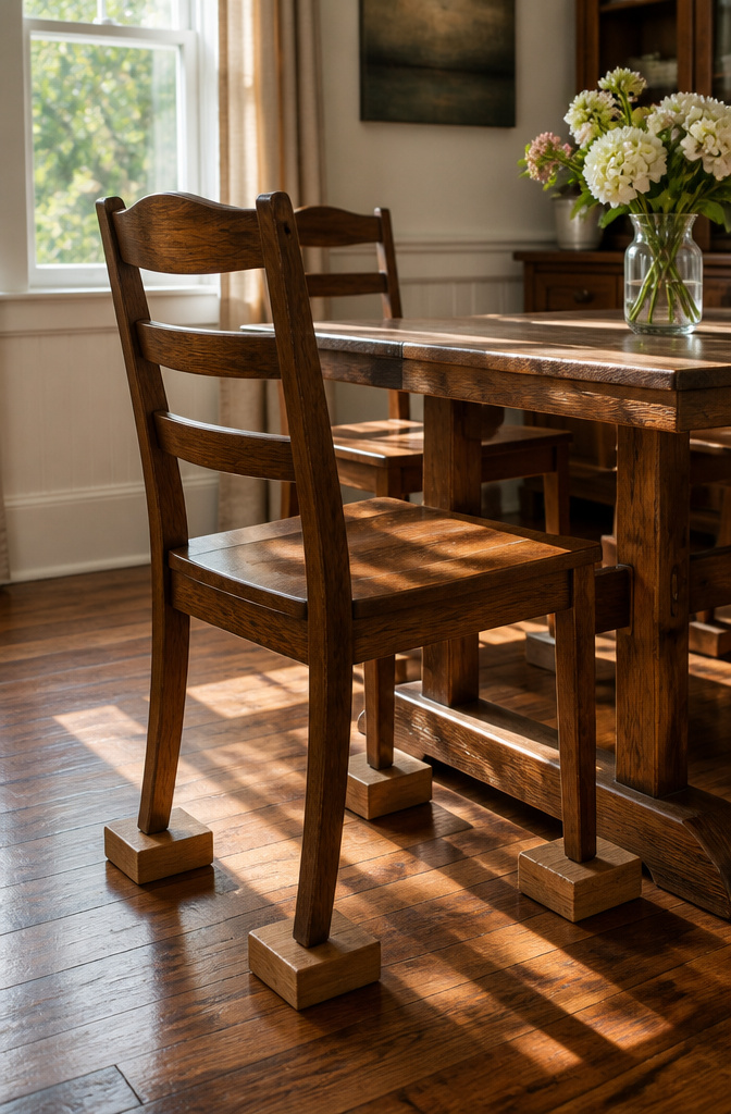 Oak wood blocks placed under the legs of a vintage dining chair.