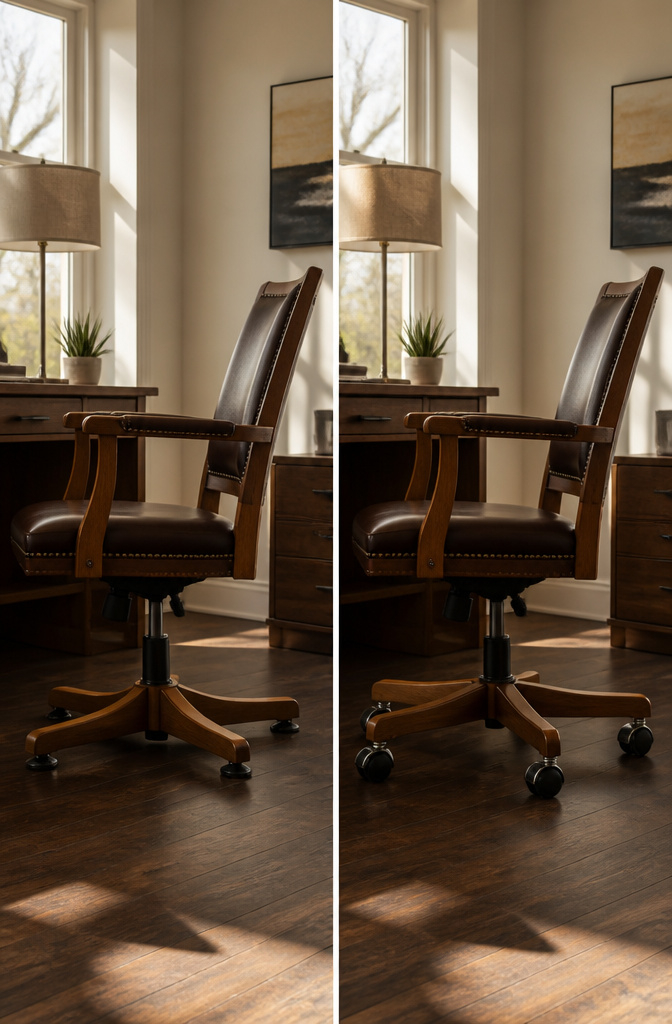 Close-up of office chair casters, demonstrating their size and function.