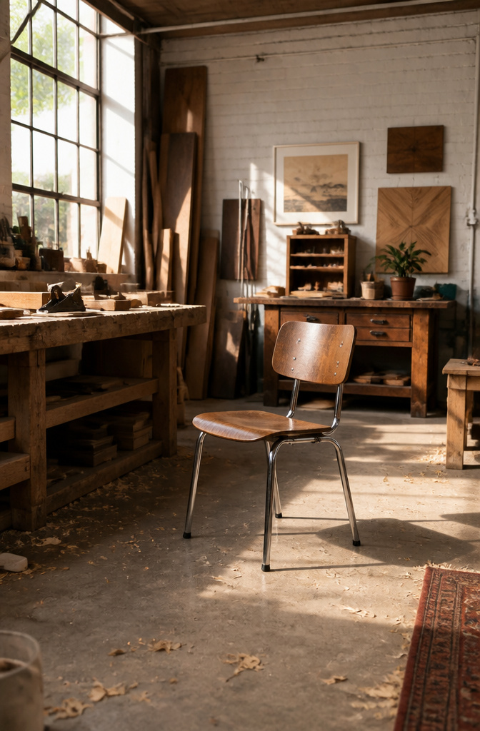 A carpenter working on a chair with non-standard construction.