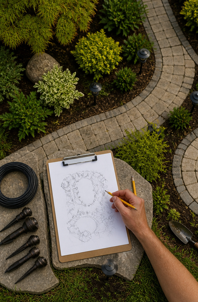 A sketch showing marked locations for garden lights in a yard.
