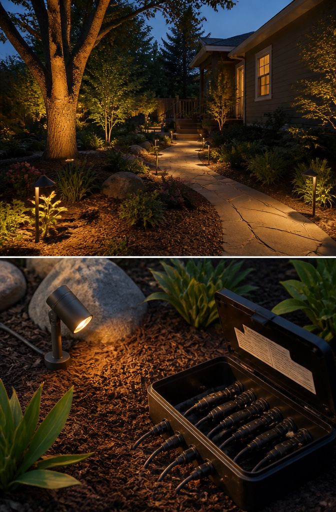 A person adjusting the angle of garden light fixtures.
