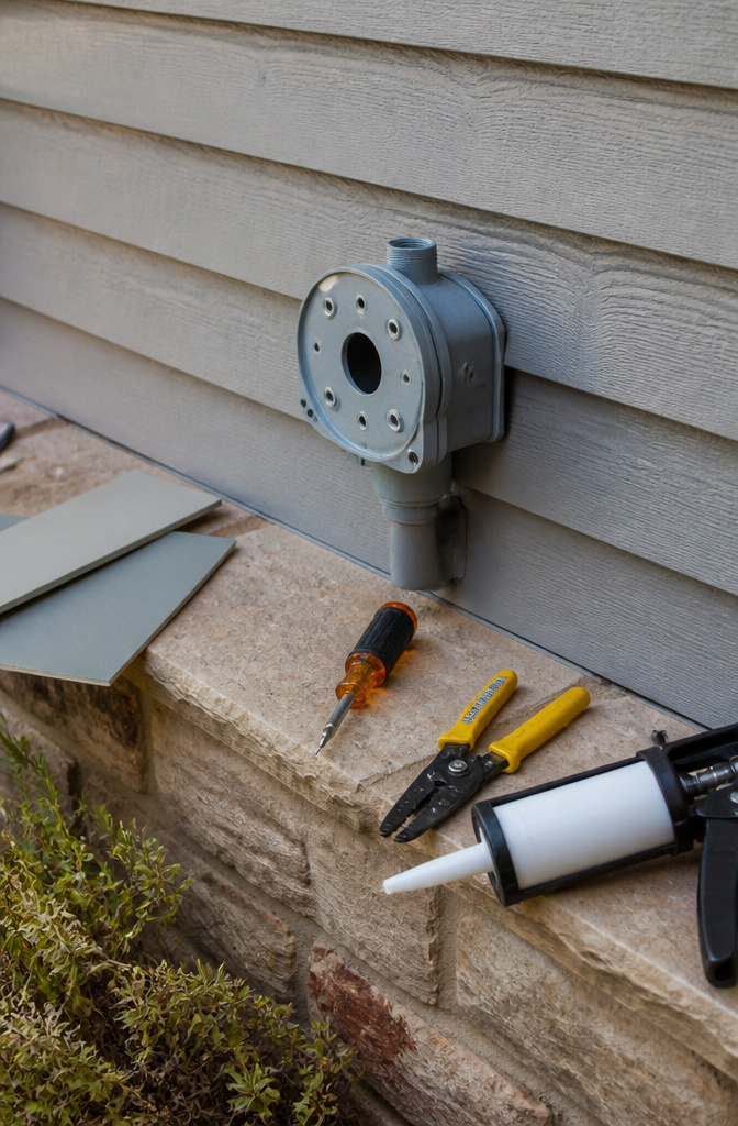 Close-up of a weather-rated junction box against a home's siding.