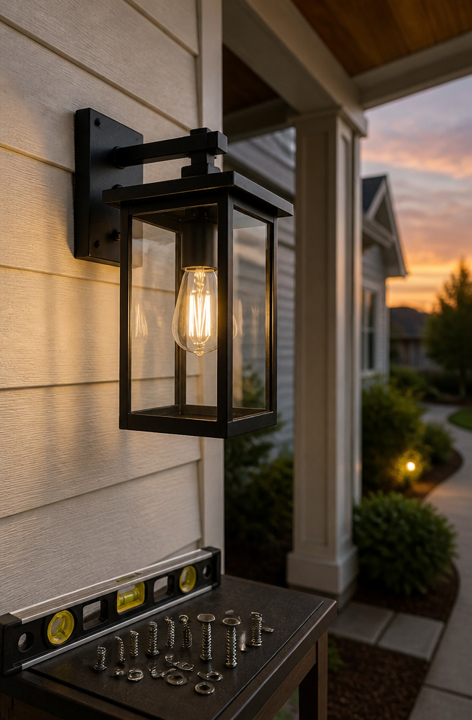 A light fixture held up to a wall with a carpenter's level.