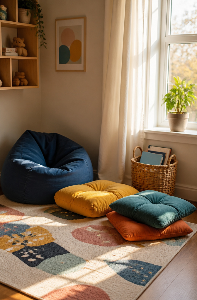 A vibrant beanbag chair and floor cushions in a sunny room corner.