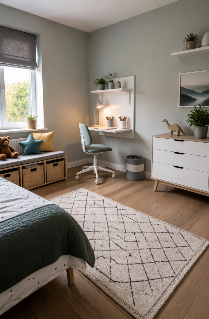 A small desk area set up for homework in a child's bedroom.