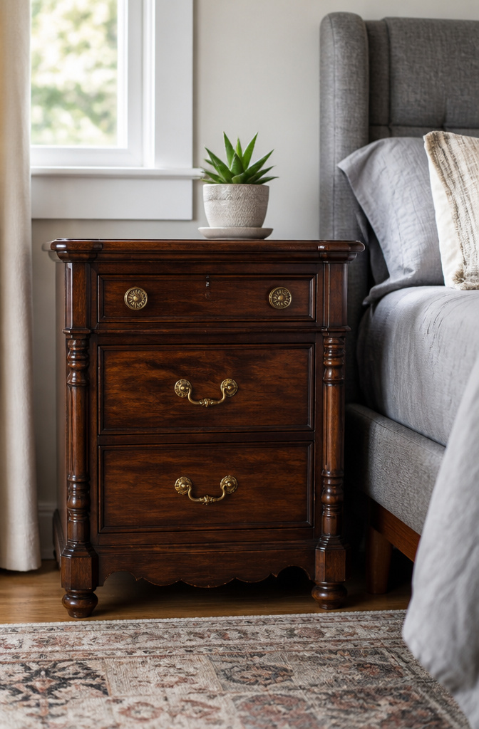 An antique nightstand in a child's modern bedroom.