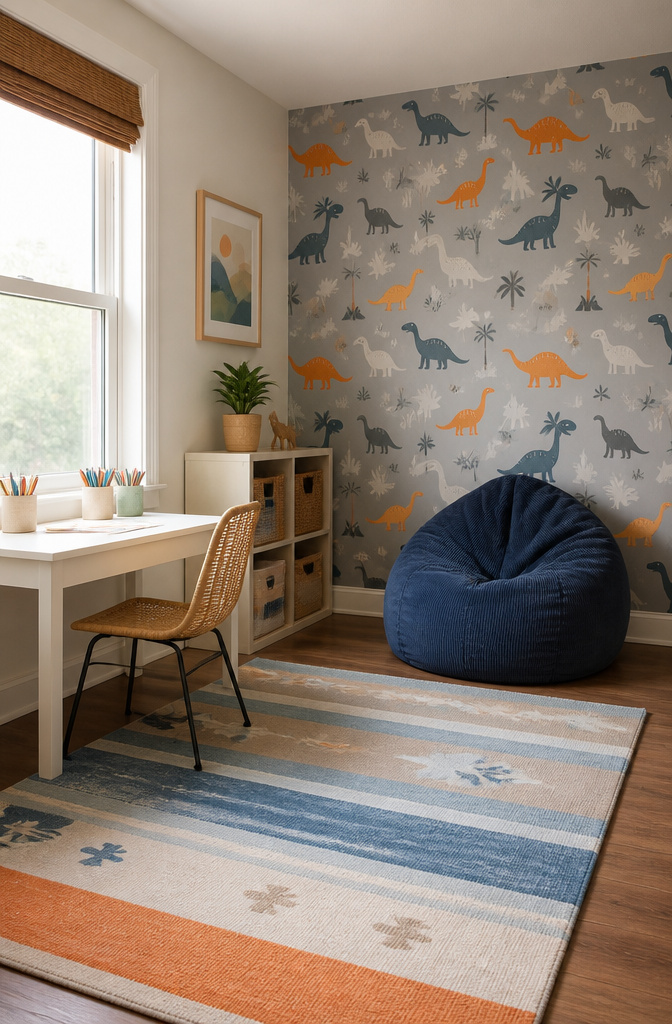 A kid's room featuring a dinosaur-themed accent wall and a beanbag chair.