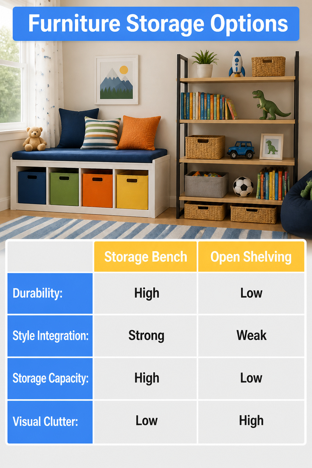 Storage options that resemble furniture in a child's bedroom.