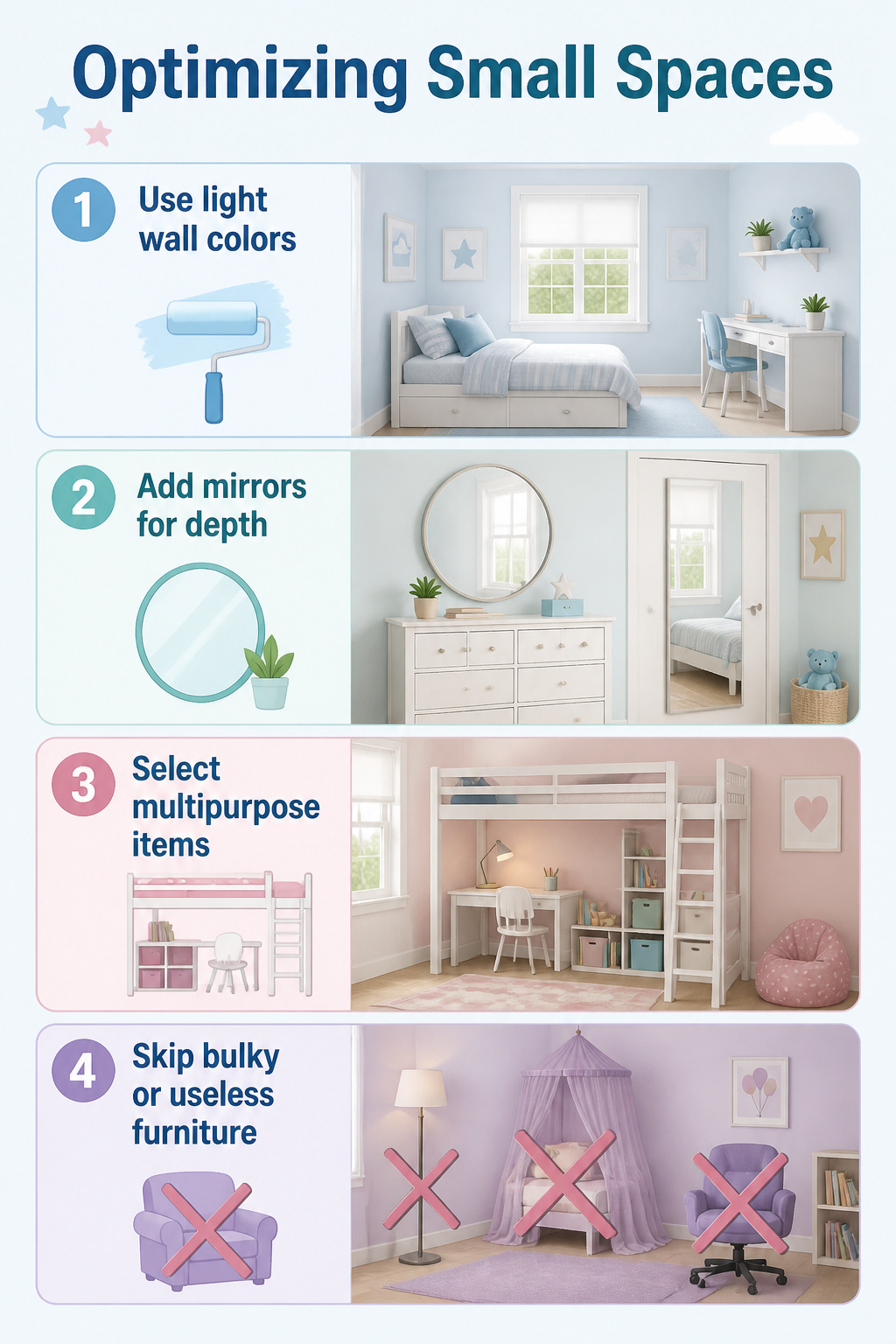 A small child's bedroom featuring light wall colors and a mirror.