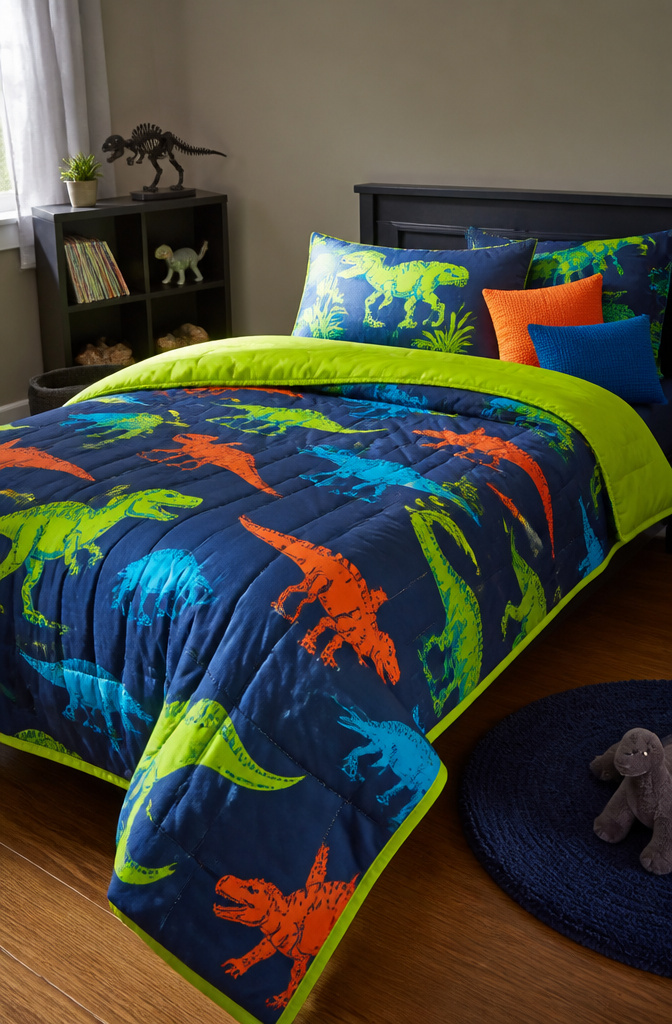 A bed with vibrant bedding and pillows in a child's bedroom.