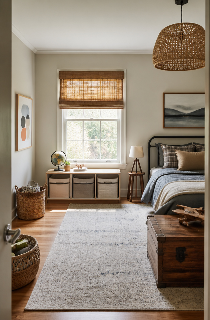 A storage bench in a child's room, neatly organized and functional.