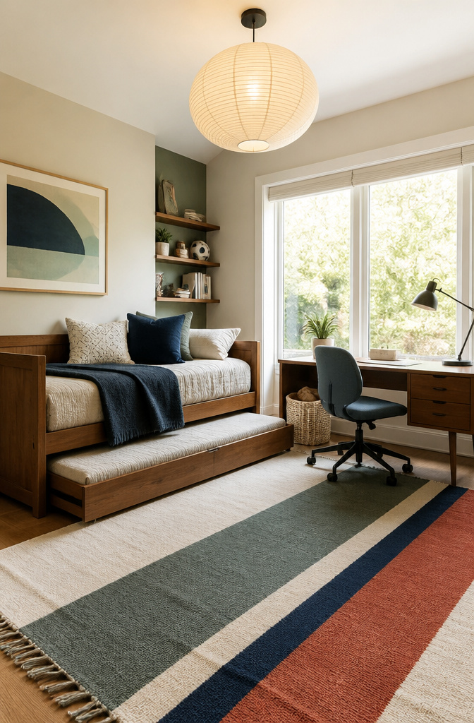 An elegant trundle bed in a kid's bedroom with a compact desk.
