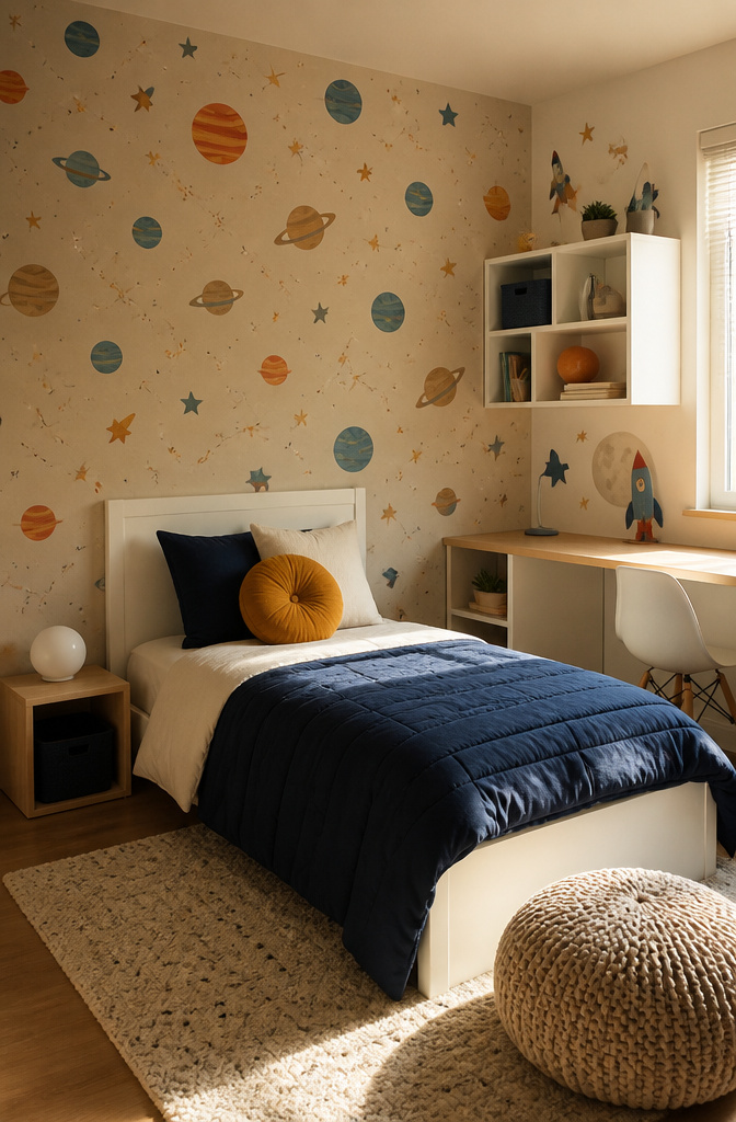 A child's room with space-themed peel-and-stick wallpaper and decals.