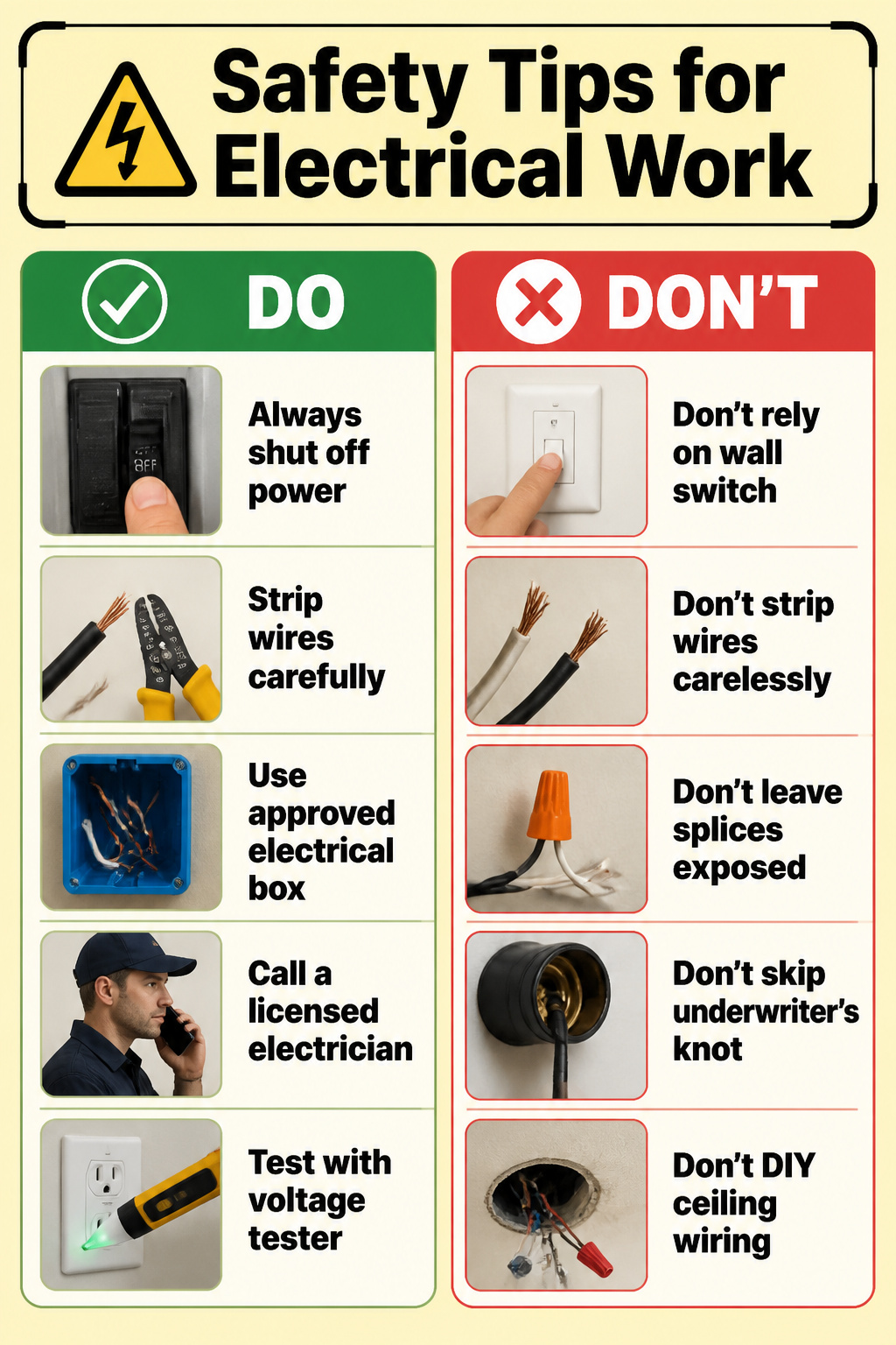 A list of safety tips for electrical work displayed on a wall.