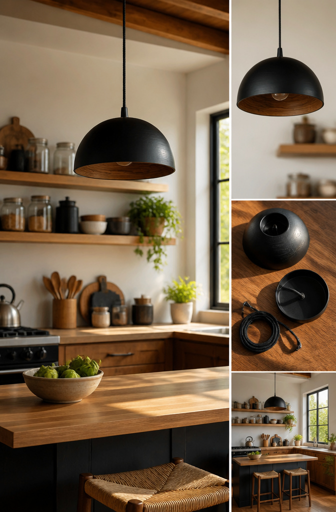 A black wooden bowl transformed into a pendant light.