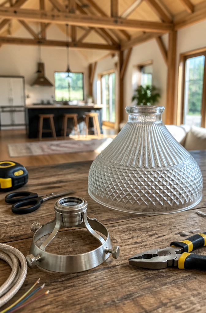 Close-up of a 3.25" shade fitter and a glass shade on a workbench.